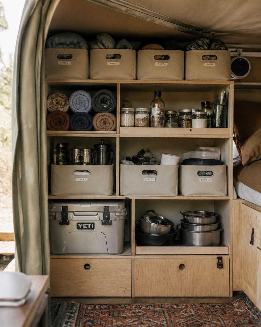 Camper cabinet organized with fabric bins, rolled clothing and camp kitchen gear